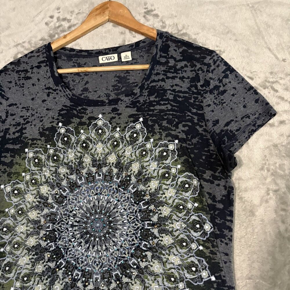 Cato Mandala Burnout Graphic Tee XL Gray Blue Distressed Acid Wash Boho Festival